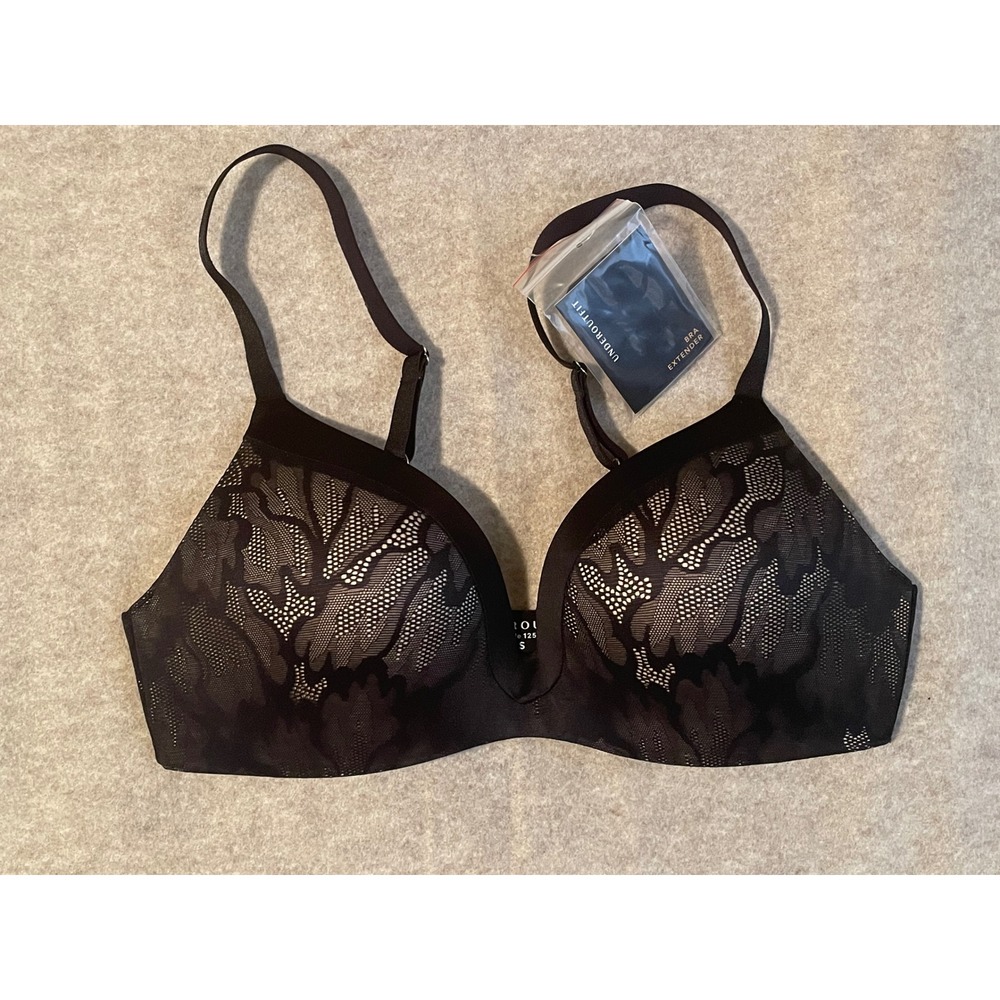 Underoutfit Style 1258 Black Floral Lace Wireless Bra with Extender Small